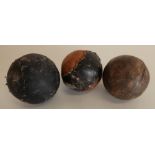 19th C stitched leather 'fives' ball and two other similar 'fives' balls (3)