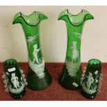 Large pair of green Mary Gregory style vases with flared rims (31cm high) and another similar pair