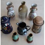 Enamelware teapot, pair of Cloisonne vases, studio ceramics and glassware in one box