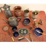EPBM teapot, similar hot water jug, two plated tankards, decorative woodware etc