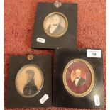 Group of three 19th C ebonised framed miniature portraits of gentlemen