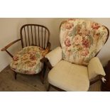 Ercol dark wood armchair and another similar low seated Ercol chair (2)