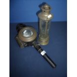 Unusual vintage japed metal candle mounted carriage lamp with bullseye glass lens, and another