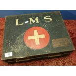 L.M.S Ambulance Box with contents, rectangular metal tin with hinged top and fitted interior (38.5cm