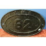 Large cast metal railway oval bridge plate L.M.S 62 (45cm x 28.5cm)