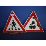 Two enamel triangular warning signs for 'Pedestrian Crossing' and 'Railway'