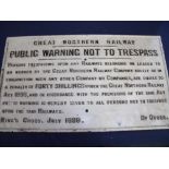 Rectangular cast metal Great Northern Railway 'Trespass' notice King Cross July 1896 (41cm x 71cm)