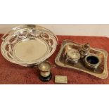 Box containing a selection of various silver plate including three piece Cruet set, a bonbon dish,