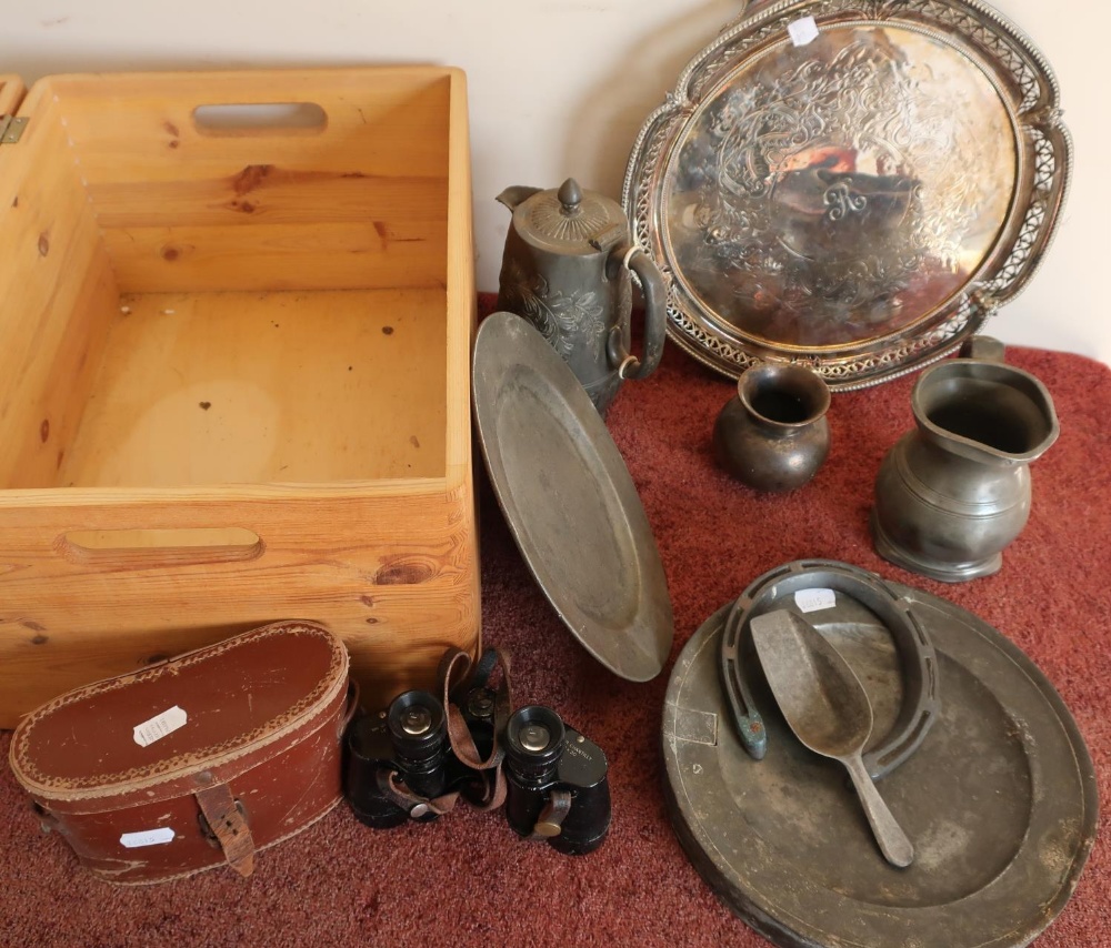 Wooden storage box with silver plated tray, cased binoculars, pewter ware, bronze vase etc