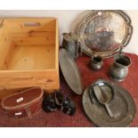 Wooden storage box with silver plated tray, cased binoculars, pewter ware, bronze vase etc