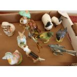 Beswick ewe and lamb, various Beswick song birds, four Royal Albert Beatrix Potter figures, etc