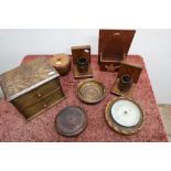 Oak cased wall mounted barometer, various oak and other boxes, a pair of barrel bookends etc