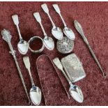 Set of six silver hallmarked teaspoons, pair of silver hallmarked silver tongs, two silver