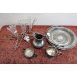 Eastern style silver plated dish, various plated ware and a Edwardian three piece silver plated