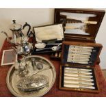 Selection of various assorted silver plates including mahogany cased Walker and Hall 12 place fish