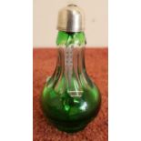 Georgian silver hallmark topped green overlaid cut glass opium bottle with lift out spoon (height