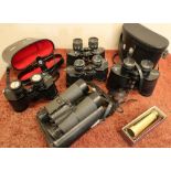 Selection of various assorted binoculars and a modern brass telescope, binoculars including Swift