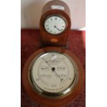 Edwardian mahogany inlaid mantel clock and a wall mounted barometer by Short & Mason, London (2)