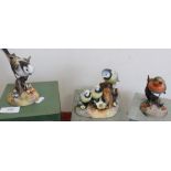 Three boxed Royal Crown Derby figures of birds including Longtail Tit, Robin, and Blue Tit &