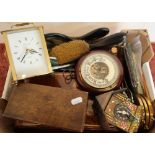 Wall barometer, carved wood box, carriage type clock, dressing table brushes, candlesticks and other