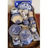 Large selection of blue & white Ringtons tea jars, jugs, jardinieres, vases etc