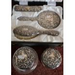 Five piece Birmingham silver hallmarked dressing table set comprising of mirror, brushes,