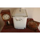Large enamel bread bin, an early 20th C mantel clock and an oak cased mantel clock (3)