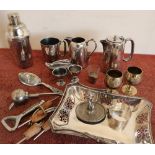 Box containing a selection of various silver plated items including coffee pots, egg cups,