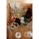 Box of various glass items including a white metal Tantalus, four decanters and various other