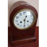 Edwardian mahogany inlaid mantel clock by Waterby Clock Co USA with chiming movement (height 34cm)