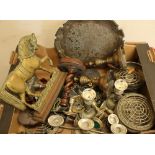 Large selection of various plated ware, horse brasses, brass candlesticks, a 19th C cast metal and