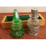 Birmingham silver hallmarked mounted scent bottle with stopper and a green glass scent bottle (2)