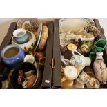 Two boxes of various decorative ceramics including a Royal Doulton plate, a Delft windmill etc