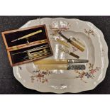 Large Royal Crown Derby plate, case set of ivory handled surgical instruments and other items inclu