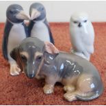 Royal Copenhagen figure of a seated Dachshund puppy No 3140, Royal Copenhagen figure of an Owl No