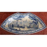 19th C blue & white dish of unusual form depicting fishing boats in country house setting (36cm x