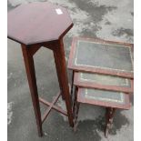 Mahogany jardiniere stand and a nest of three leather topped tables (2)