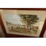 Framed and mounted Douglas E. West print of cricket scene (77cm x 59cm including frame)