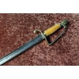 18th C short hanger type sword with 25 1/2 inch slightly curved broad and narrow fullered blade with