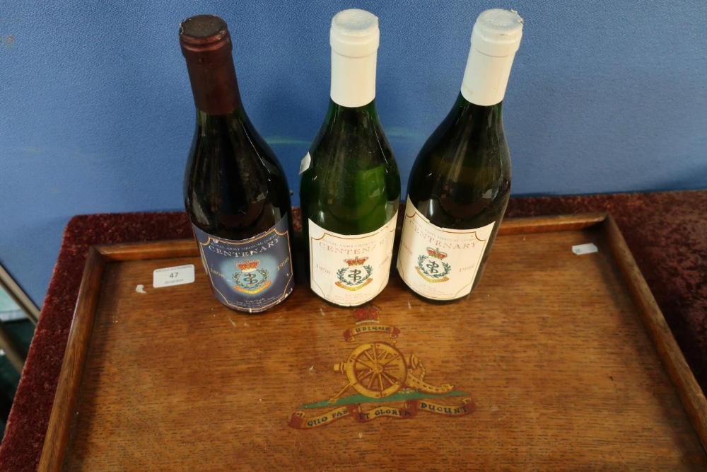 Oak rectangular tray with Royal Artillery crest and three bottles of regimental wine Centenary Royal