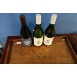 Oak rectangular tray with Royal Artillery crest and three bottles of regimental wine Centenary Royal