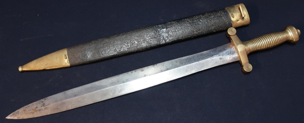 Mid 19th C French artillery gladius type sword with 19 inch blade engraved Chatelleraeult 1833, with