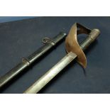 19th C Cavalry sabre with 35 inch single slightly curved fullered blade, stamped S and K, with