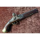 Reproduction flintlock Victorian tower pistol with 9 inch barrel and brass mounts