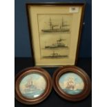 Framed and mounted book plate engraving of war vessels Collingwood, Trafalgar and Inflexible, and