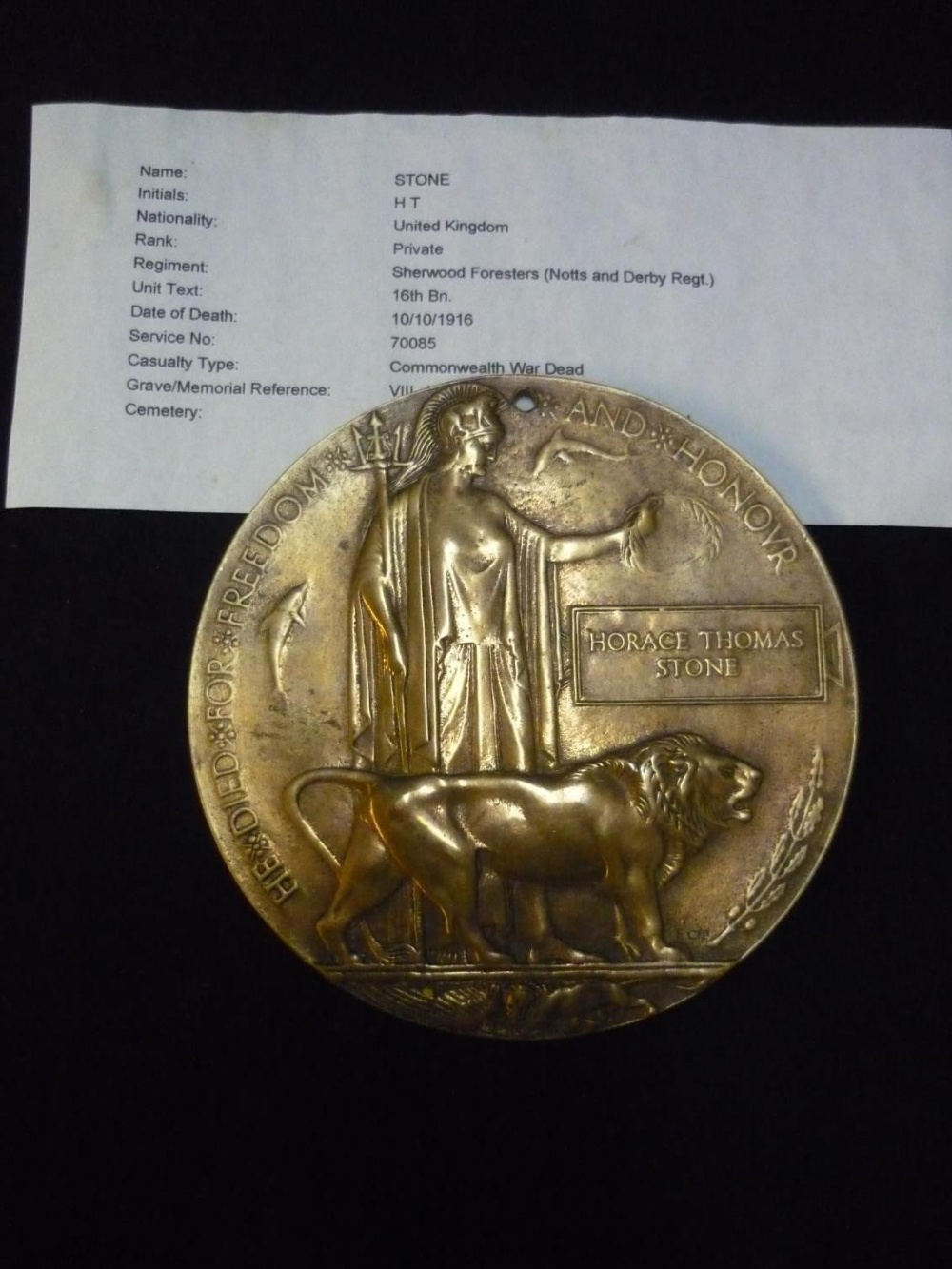 WWI bronze memorial plaque with research material from The Somme Offensive to Horace Thomas Stone