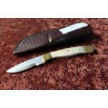 Small sheath knife marked Bear USA with 2 inch blade and two piece antler horn and brass grips