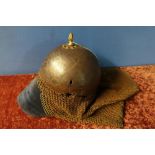 19th C Ottoman bowl shaped helmet with central finial, chain mail and face guard engraved with