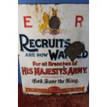 Edward VII enamel Army Recruitment sign, 'Recruits Are Now Wanted For All Branch's of His Majesties