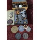 Selection of various commemorative medallions, coins, cap badges and buttons including Bakelite,